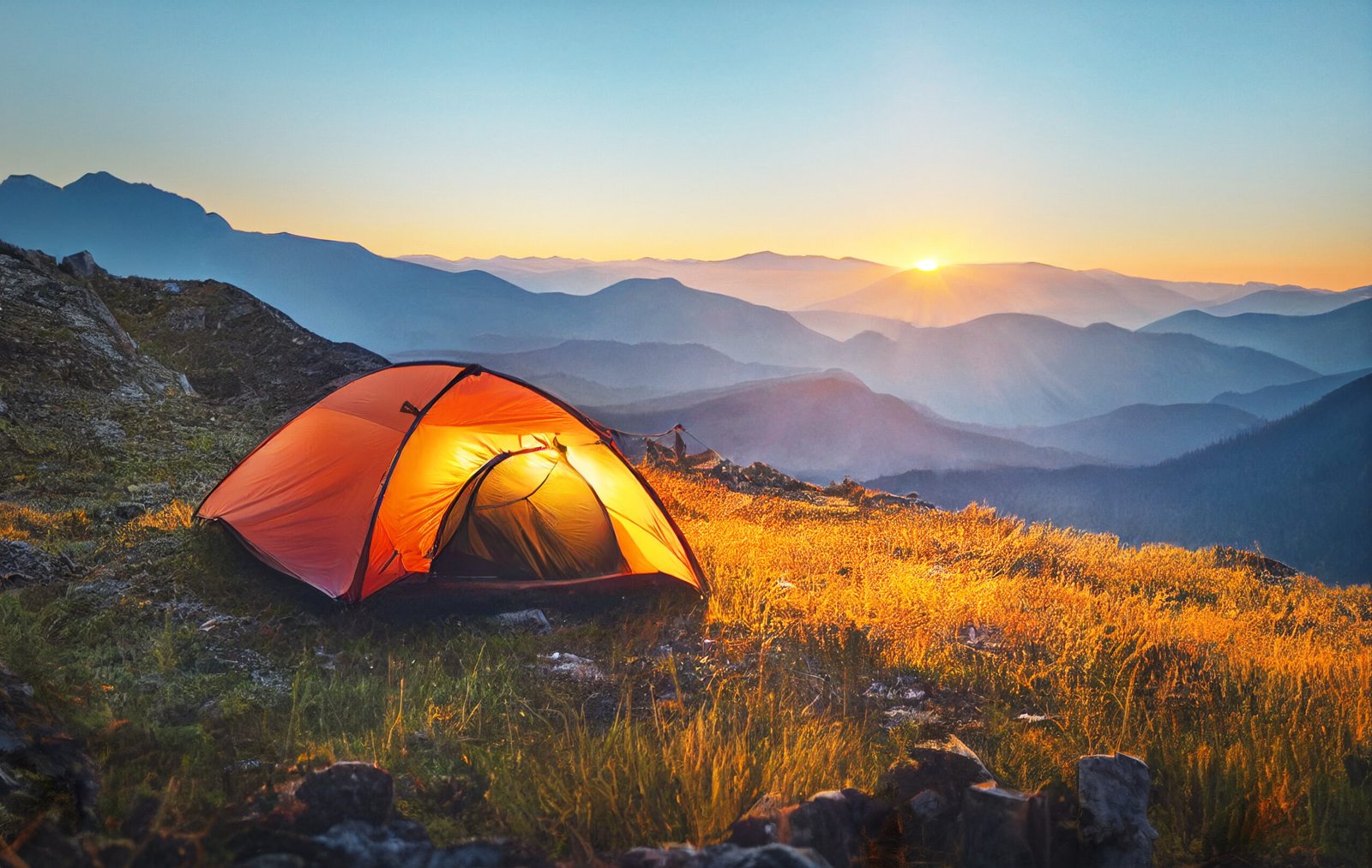 Tourist tent camping in the mountains at sunset