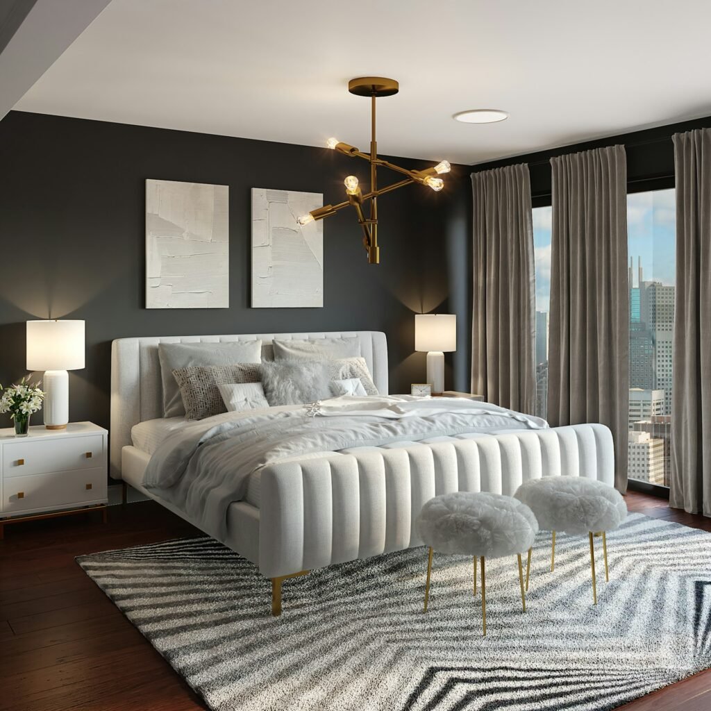 Bedroom with an upholstered bed and dark accent wall