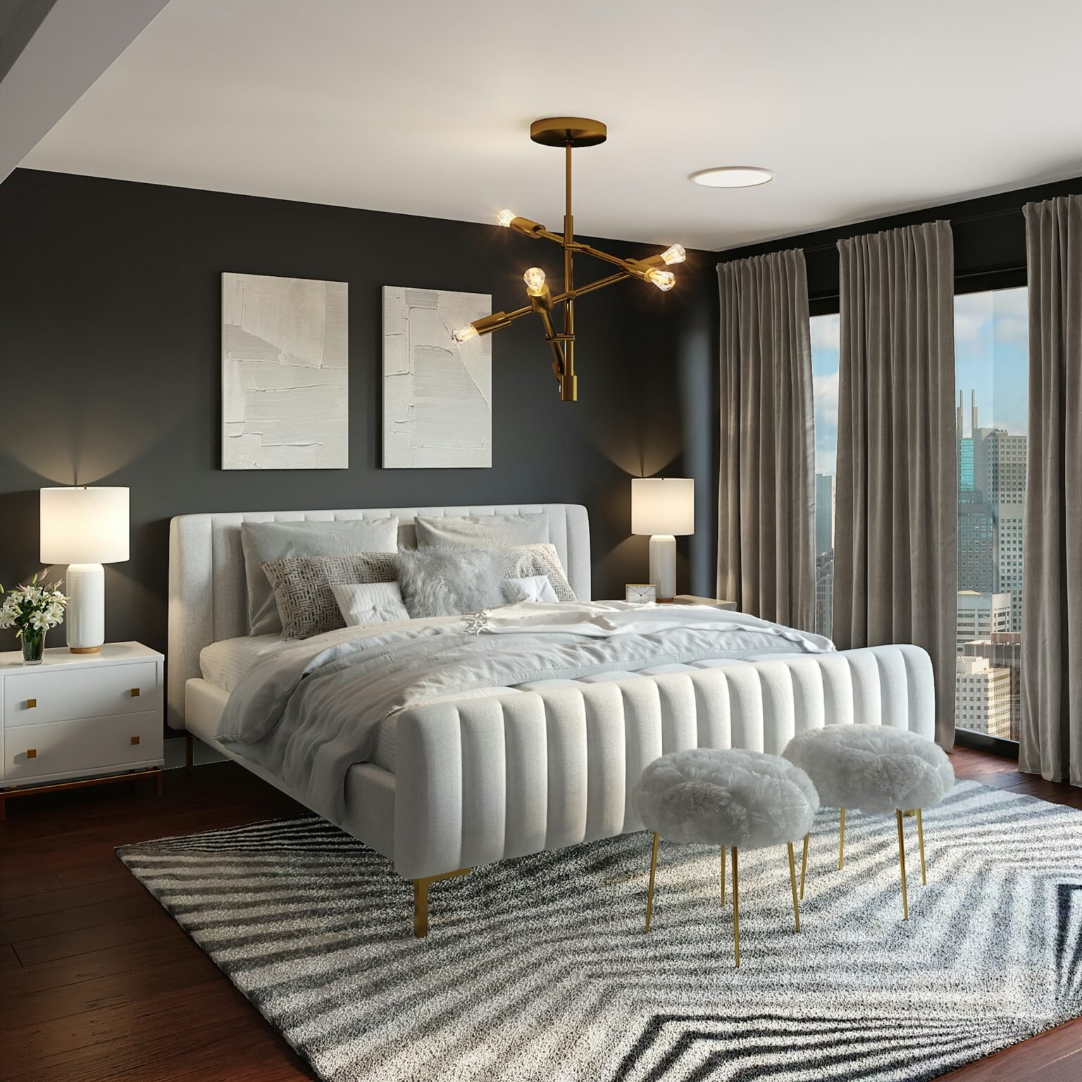 Bedroom with an upholstered bed and dark accent wall