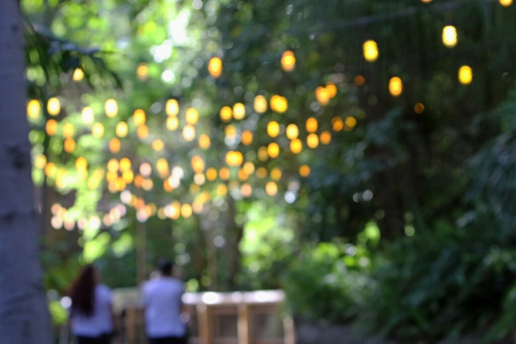 String lights glowing over an evening patio path.