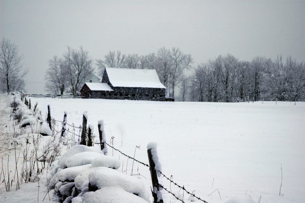 Snow-covered field with a barn and fence in winter.